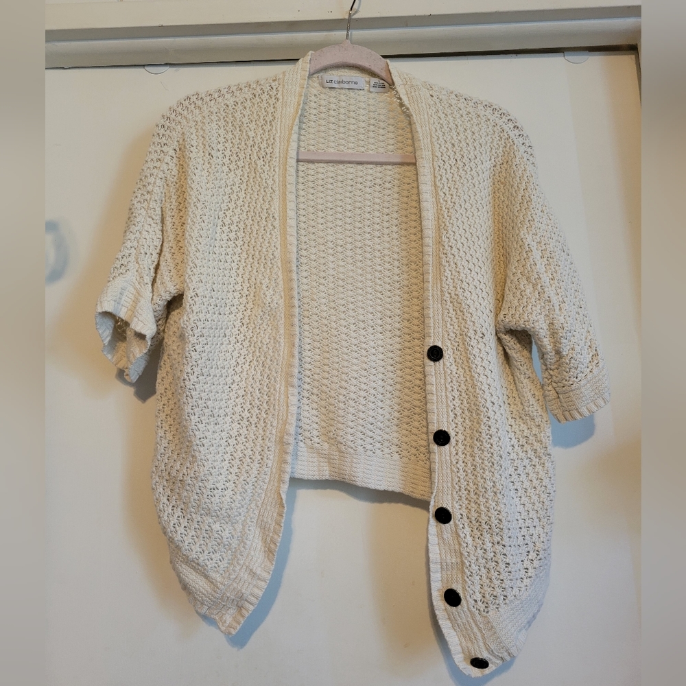 Beige short sleeve Liz Claiborne knitted button up sweater.
